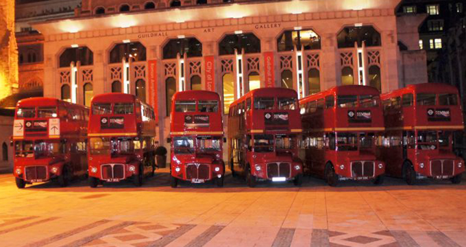 Line up of Routemaster buses at London's Guildhall